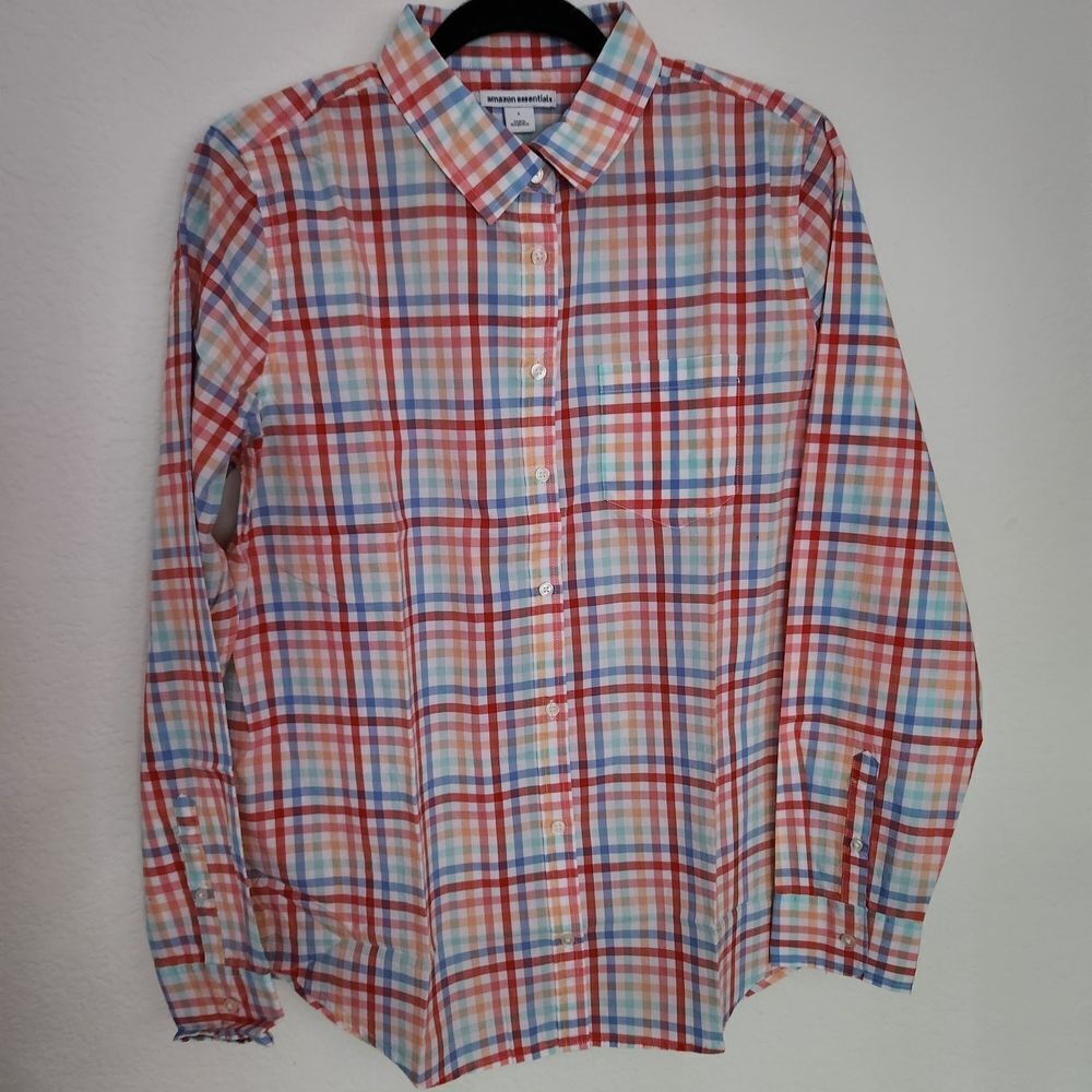 Amazon Essentials Womens Multicolor Gingham Button-Front Long Sleeve Shirt Large